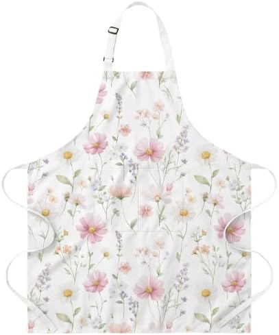Pink Floral Apron for Women, Wildflower Kitchen Cooking Apron with