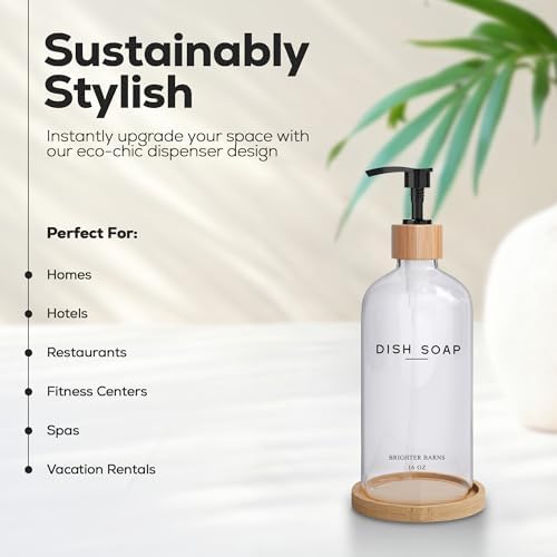 Brighter Barns Clear Glass Dish Soap Dispenser with Bamboo Tray