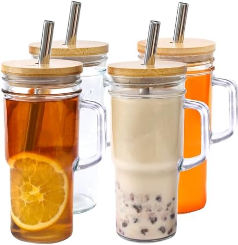 24oz Glass Cups with Lids and Straws - Glass Tumbler cup with bamboo