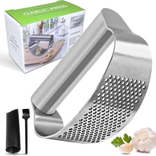 Garlic Press Rocker, Stainless Steel, Peeler and Brush