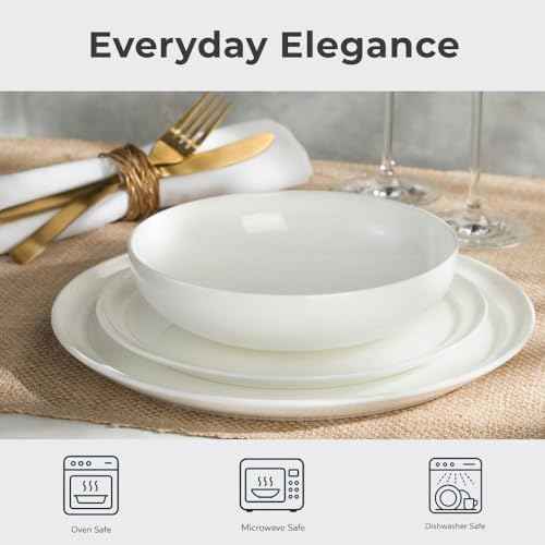 Lafayette St. Fine Bone China 12 Piece Dinnerware Set, Service For 4; Elegant Lightweight Ivory White Plates & Bowls with a Gloss Finish; Microwave & Dishwasher Safe