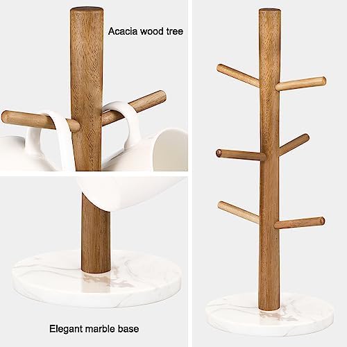 Buruis Acacia Wood Mug Holder with Marble Base, 6 Hook Mug Tree, White