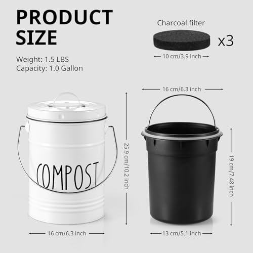 Kitchen Compost Bin, 1 Gallon Countertop Bin with Lid, White