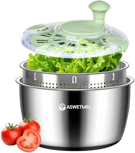 Stainless Steel Salad Spinner, ASWETMEL 5.3Qt Large Lettuce Dryer