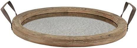 Stonebriar Round Brown Wood Serving Tray with Metal Handles and