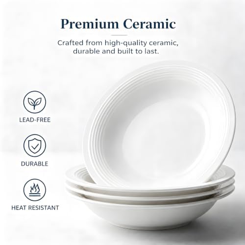 Soup and Pasta Bowls Set of 4, 9.25in Porcelain Wide Rim Plates