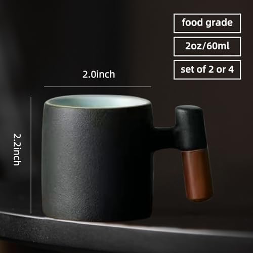 2-Oz Ceramic Espresso Cups with Wood Handle, 2/4-Piece Set for Coffee