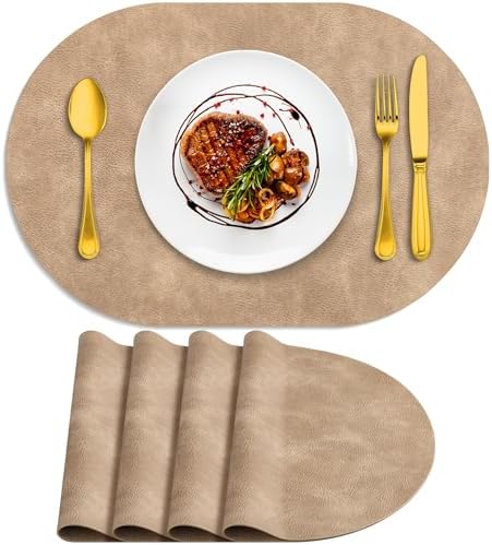 ADRIMER Oval Placemats Set of 4, Wipeable Faux Leather, Apricot