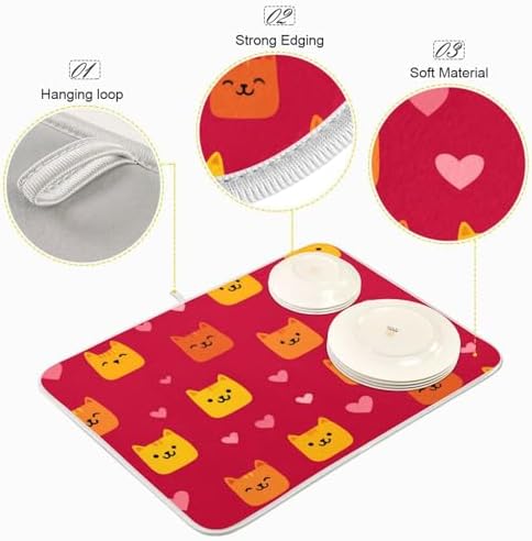 OTVEE Red Cat Art Dish Drying Mat for Kitchen Counter Absorbent Heat