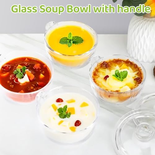 Clear Soup Bowls with Handle and Glass Lid Microwave Round Bowls Glass