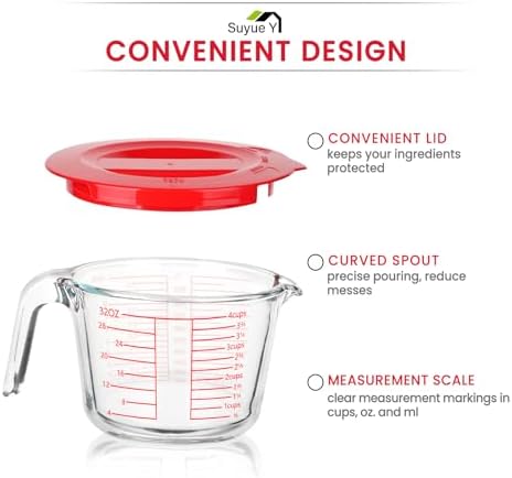 Measuring Cup 4 Cup/1000ML Glass liquid Measuring Cups with Lids