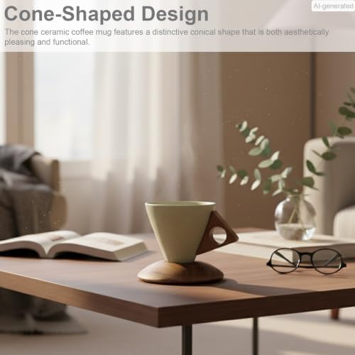 Cone Ceramic Coffee Mug with Acacia Wood Base - Conical Espresso Cup