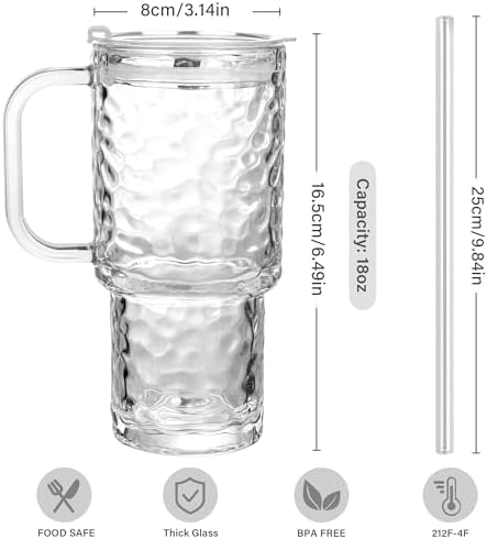 17oz Glass Tumbler with Handle & Lid – 2-Pack Iced Coffee Cups with