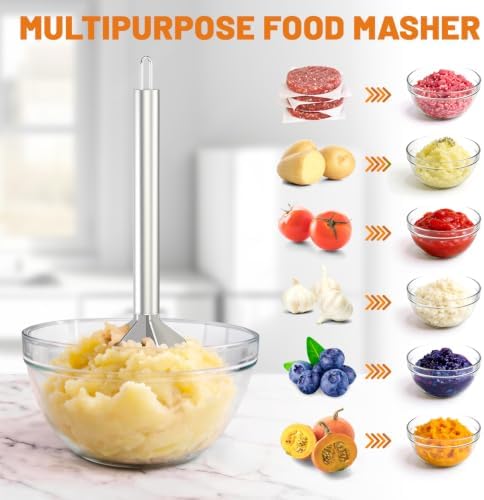 Meat Masher, Stainless Steel 6-Blade Ground Beef Masher with a Brush