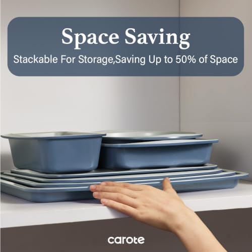 Carote 7Pieces Baking Pans Set Nonstick, Premium Carbon Steel Non Toxic Stackable Bakeware Sets for Kitchen, Scratch-Resistant, Oven Bake Sheets for Baking, Cake Pan, Roasting Pan, Muffin Pan, Blue