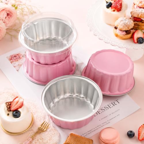 Lilaly 100 Pack 9oz Mini Cake Pans with Lids and Spoons, Round, Pink