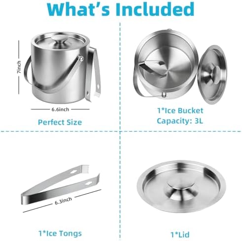 ChefBee 3L Double-Wall Stainless Steel Ice Bucket with Lid & Tongs