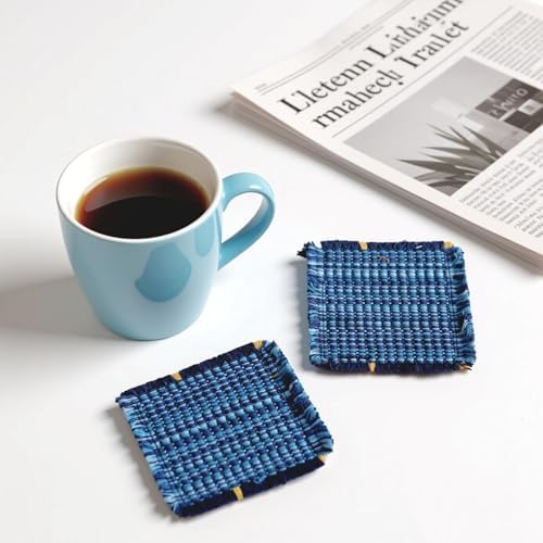 Boho Woven Coasters for Coffee Table Decor - Set of 6, Absorbent Blue