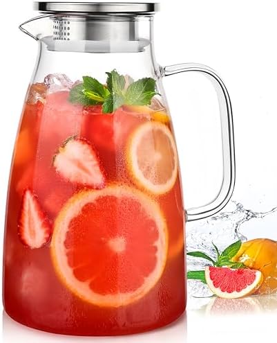 2 Liter 68oz Borosilicate Pitcher with Lid, Glass Jug with Handle and