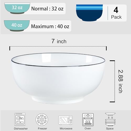 40 oz Large Soup Bowl, Pho Bowls, 7-Inch Rimmed Off-White Porcelain