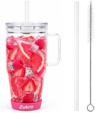 Zukro 32 oz Glass Water Tumbler with Handle & Straw, 2-in-1 Leak Proof
