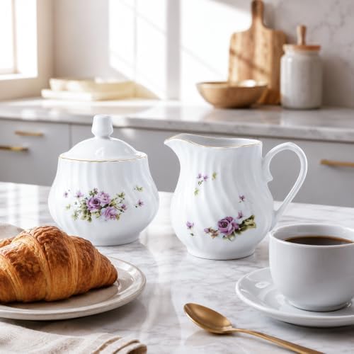 Sugar and Creamer Set - Porcelain Sugar and Creamer Floral Vintage Tea