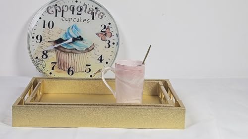 Set of 2 Wood Serving Tray with Gold Polished Metal Handles, Home