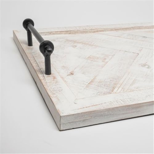 Maklaine Farmhouse Rectangular Whitewashed Wood Tray, Herringbone