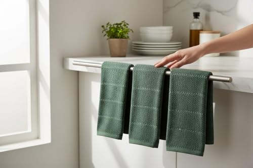 Dark Green Kitchen Hand Dish Towels, Set of 3, 100% Cotton, 18" x 28"