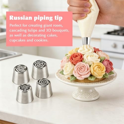 Large Flower Russian Piping Tips Set, Stainless Steel Rose Floral