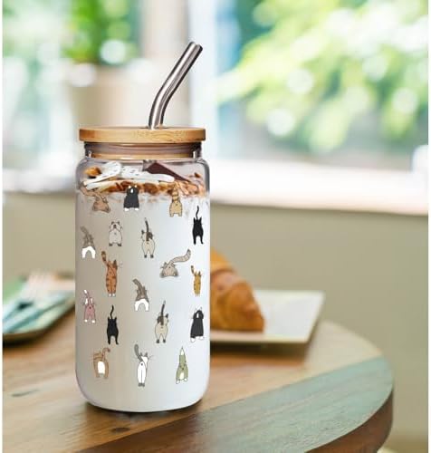 Cute Cat Themed Glass Cup Cat Mom Gifts for Women Crazy Cat's Lady