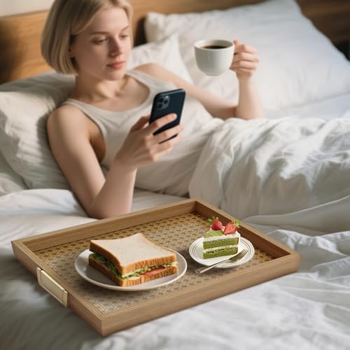 YWMSGM Rattan Woven mesh Surface Wood Serving Tray with Metal Handles