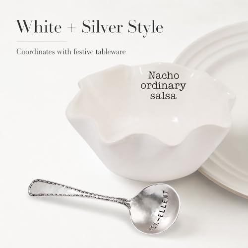 Mud Pie Salsa Ceramic Dip Cup Set, Nacho, White & Silver