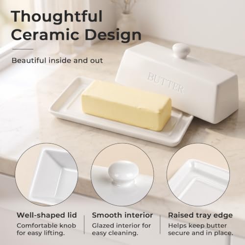 WERTIOO Butter Dish With Lid for Countertop,Butter Tray,Ceramic-White