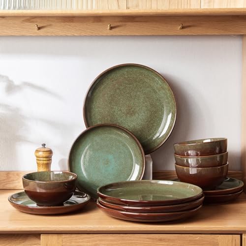 Pokini Stoneware Dinnerware Sets for 4, 12pcs Plates and Bowls Sets