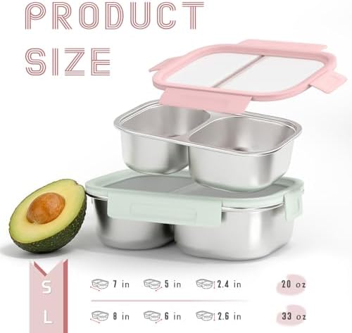 2 Pack 316 Stainless Steel Bento Box, 2-Compartment Microwave-Safe