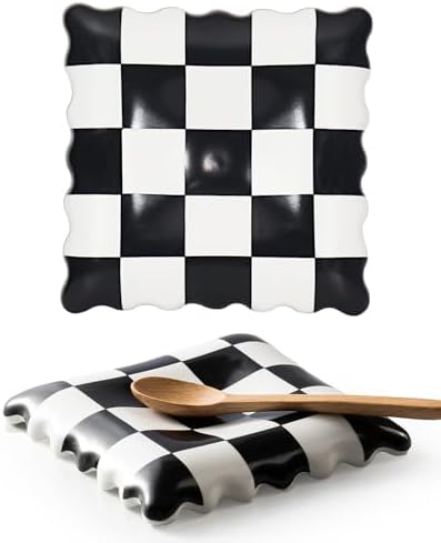 Ceramic Spoon Rest - Unique Checkered Spoon Holder Multipurpose for