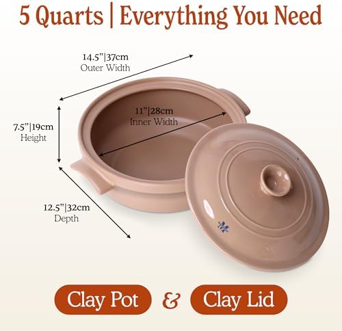 Magnifique 5 Quart Flami Pot with Lid, Natural Clay Pot for Cooking
