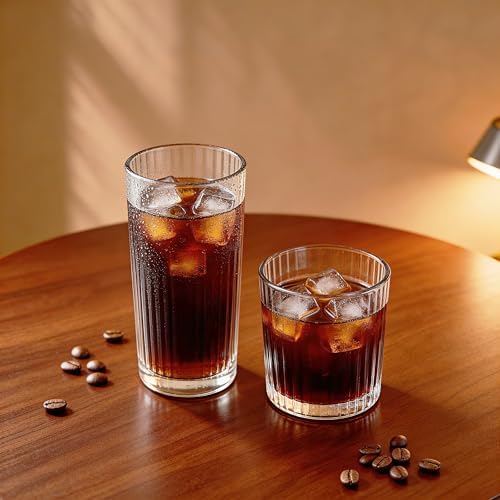 12PCS Ribbed Drinking Glasses - 6 Highball Glasses 8oz, 6 Rocks Glass