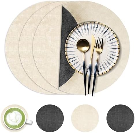 Fyvva Placemats Set of 4, 13" Round Reversible Faux Leather with