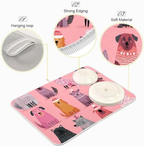 OTVEE Festive Animal Decor Dish Drying Mat for Kitchen Counter