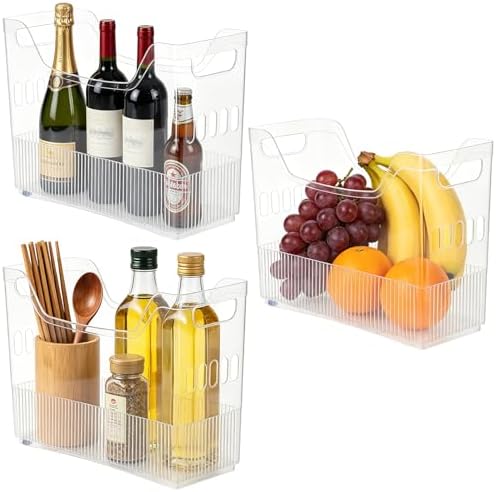 3 Pcs Freezer Organizer Bins with Wheel Clear Plastic Pantry Organizer