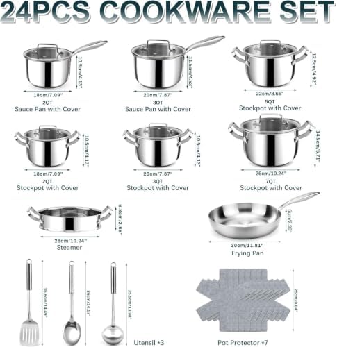 Stainless Steel Cookware Set - 24 PCS Kitchen Cookware Sets with 3-Ply Frying Pan and Steamer, Cool Handles, Heavy-Duty Chef Quality, Pots and Pans Set Compatible with All Stoves