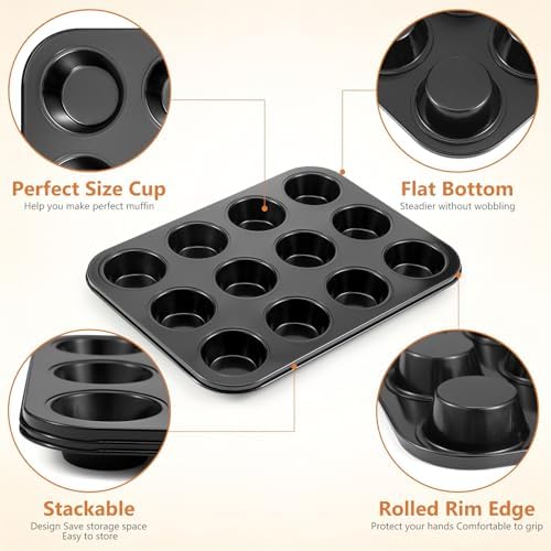 Domensi 4 Pcs Muffin Pan 12 Cup Carbon Steel Cupcake Baking Pan