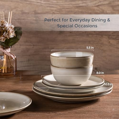 AmorArc Stoneware Dinnerware Sets for 8, 24 Pieces Handpainted Ceramic Plates and Bowls Set, Scratch Resistant Dishes Set, Dishwasher & Microwave Safe, Cappuccino