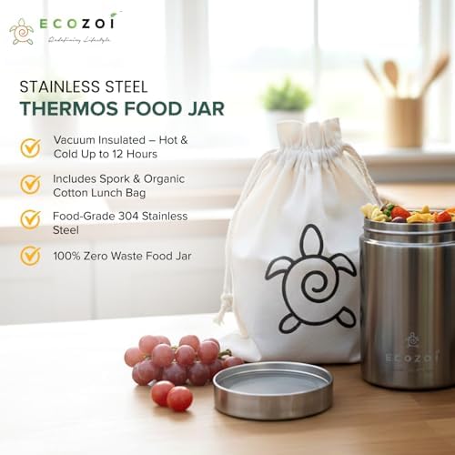 ecozoi Stainless Steel Insulated Food Jar, 12 Oz, with Spork and