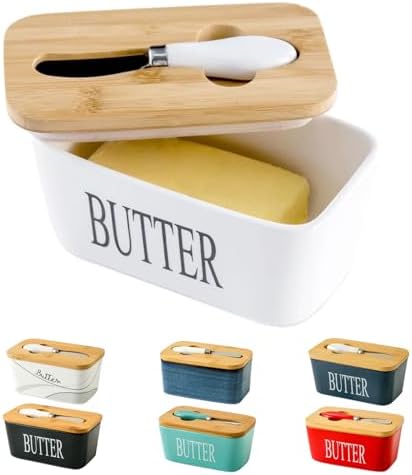 Hasense Porcelain Butter Dish with Bamboo Lid - Covered Butter Dish