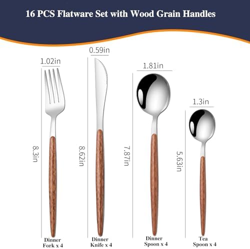 16-Piece Silverware Set for 4, Wood-Grain Handle Flatware