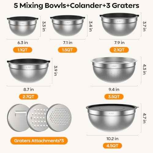 HOMETALL Stainless Steel Mixing Bowls with Lids Set & Colander(6PCS)
