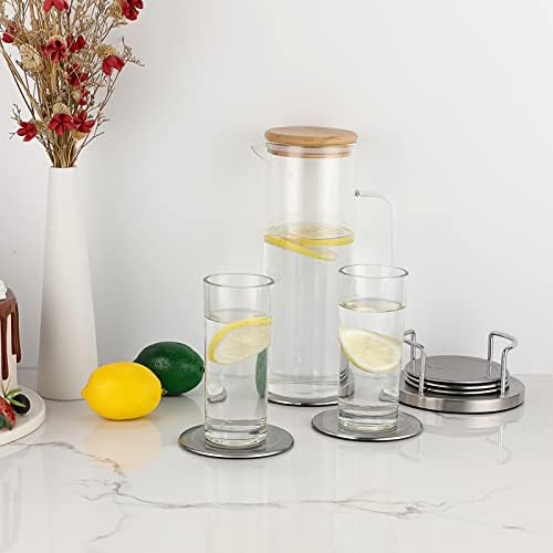 JUXYES Set of 6 Stainless Steel Metal Round Coaster with Holder for